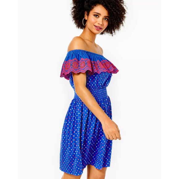 270296 Lilly Pulitzer Kalama Off-The-Shoulder Smocked Mini Dress Embroidered L - Picture 2 of 9